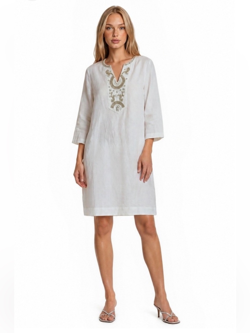 Chico’s White Linen Embellished Beaded Tunic Dress 12